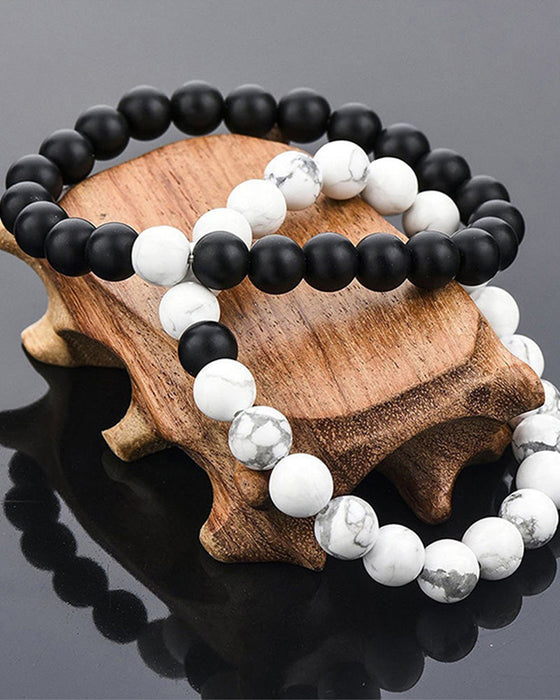 Black and white bead woven couple bracelet set