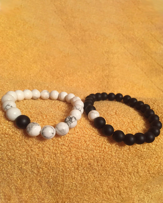 Black and white bead woven couple bracelet set