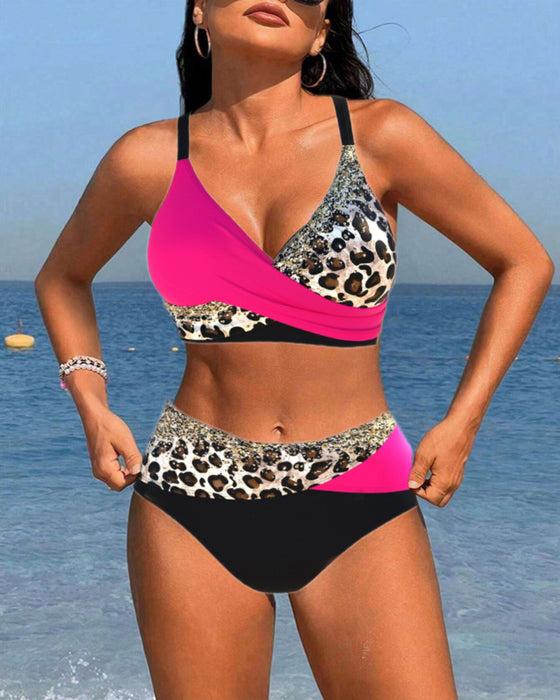 Colorblock leopardmönstrad bikinibaddräkt