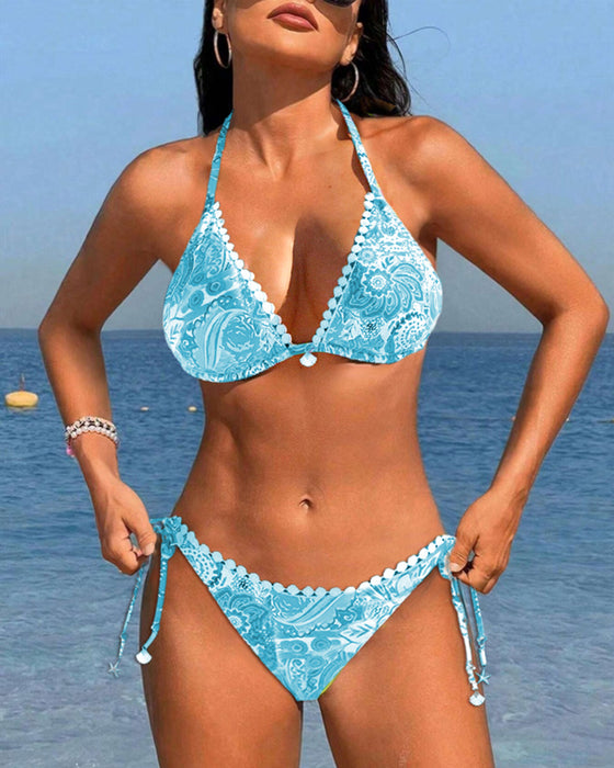 Färgglad tryckt patchwork halterneck bikini i spets