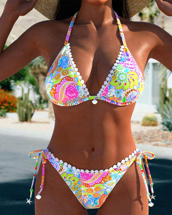 Färgglad tryckt patchwork halterneck bikini i spets