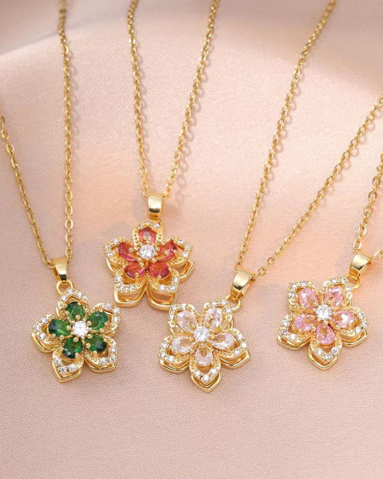 Five-petal flower 360° rotating pendant necklace