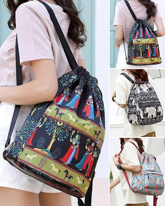 Ethnic style drawstring shoulder bag