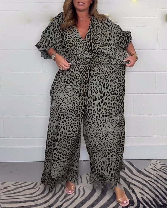 Leopardmönstrad elegant jumpsuit med spets