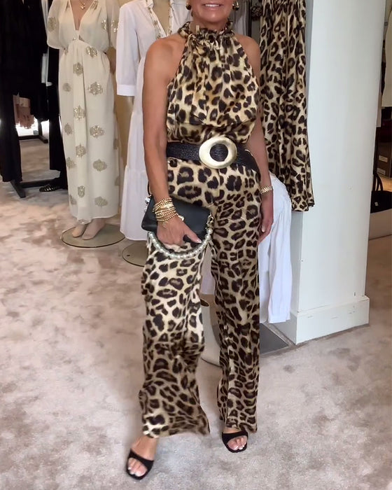 Leopardmönstrad ärmlös jumpsuit med halterneck