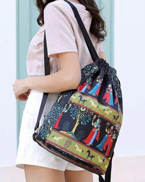 Ethnic style drawstring shoulder bag