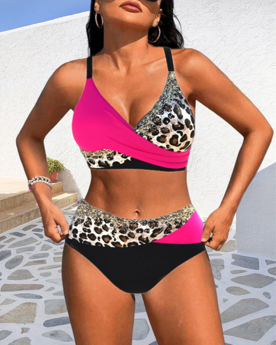 Colorblock leopardmönstrad bikinibaddräkt