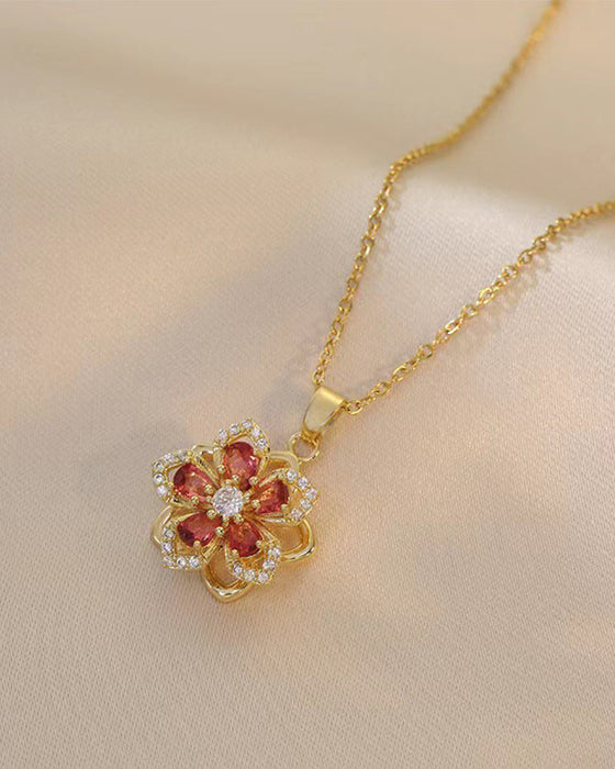 Five-petal flower 360° rotating pendant necklace