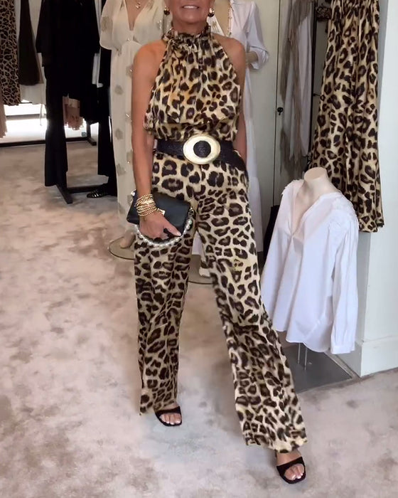 Leopardmönstrad ärmlös jumpsuit med halterneck