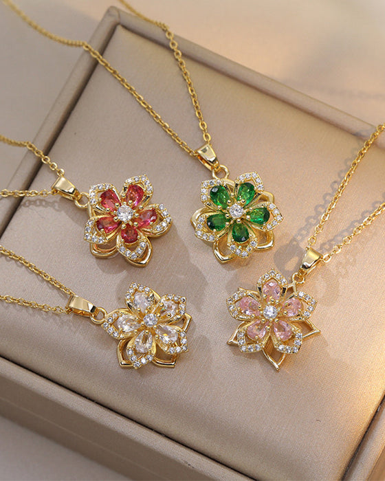 Five-petal flower 360° rotating pendant necklace