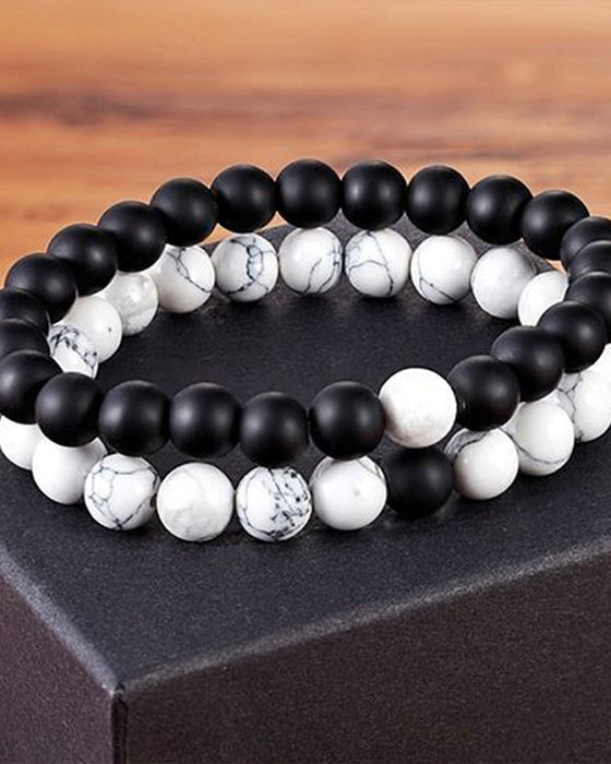 Black and white bead woven couple bracelet set