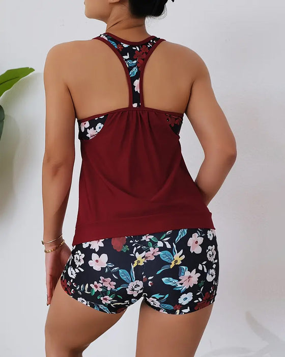 Ärmlös rygglös tankini-baddräkt med blommönster