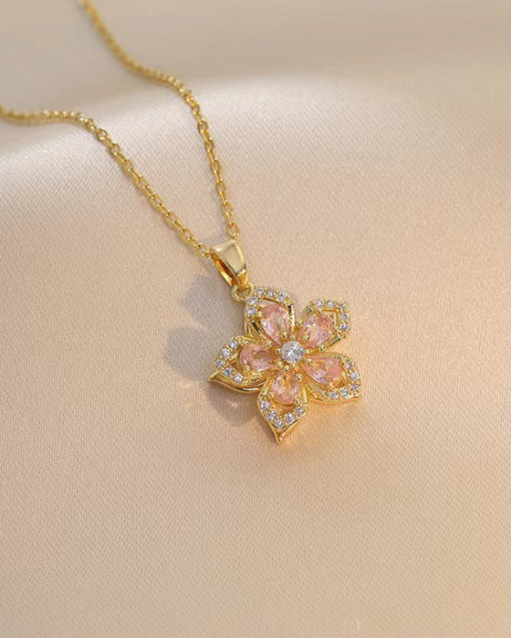 Five-petal flower 360° rotating pendant necklace