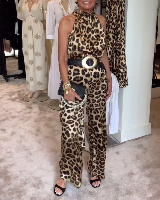 Leopardmönstrad ärmlös jumpsuit med halterneck