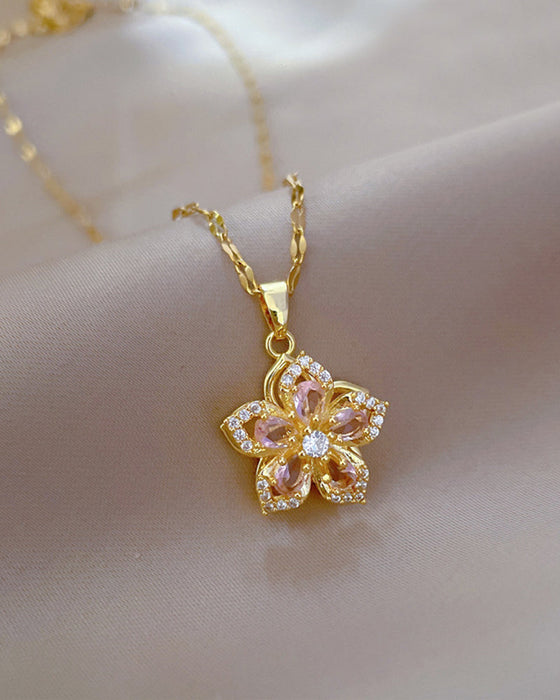 Five-petal flower 360° rotating pendant necklace