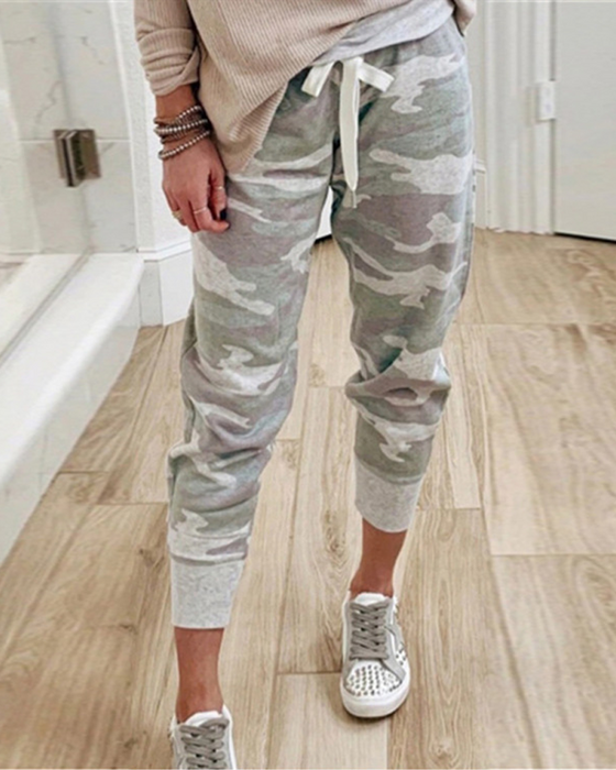 Camo Print Casual Joggerbyxor med dragsko