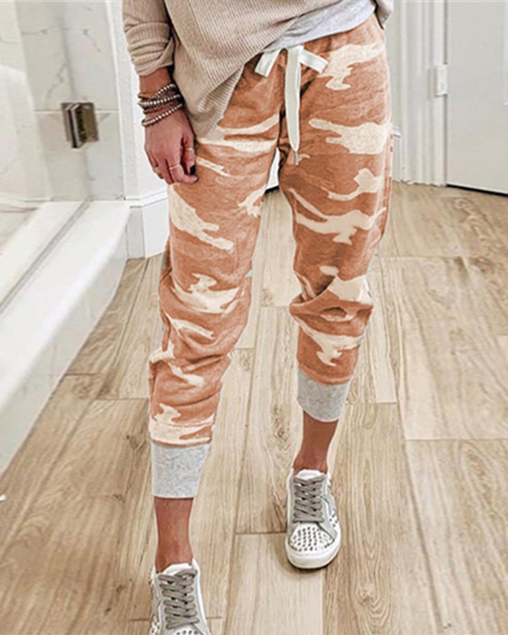 Camo Print Casual Joggerbyxor med dragsko