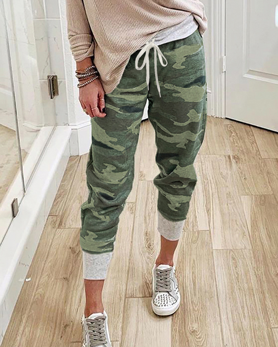 Camo Print Casual Joggerbyxor med dragsko