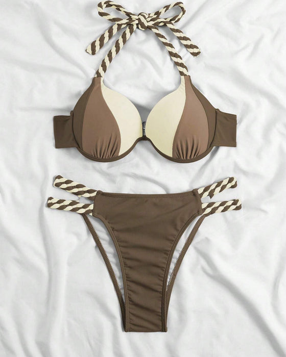 Colorblock halterneck bikini set